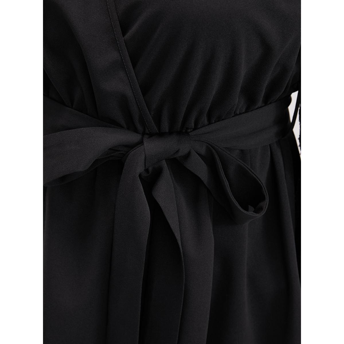 Plus Size Black Solid Sequin Belted Surplice Neck Blouse Women Party Long Sleeve V-neck Going out Blouses BloomChic 10/M Product Image