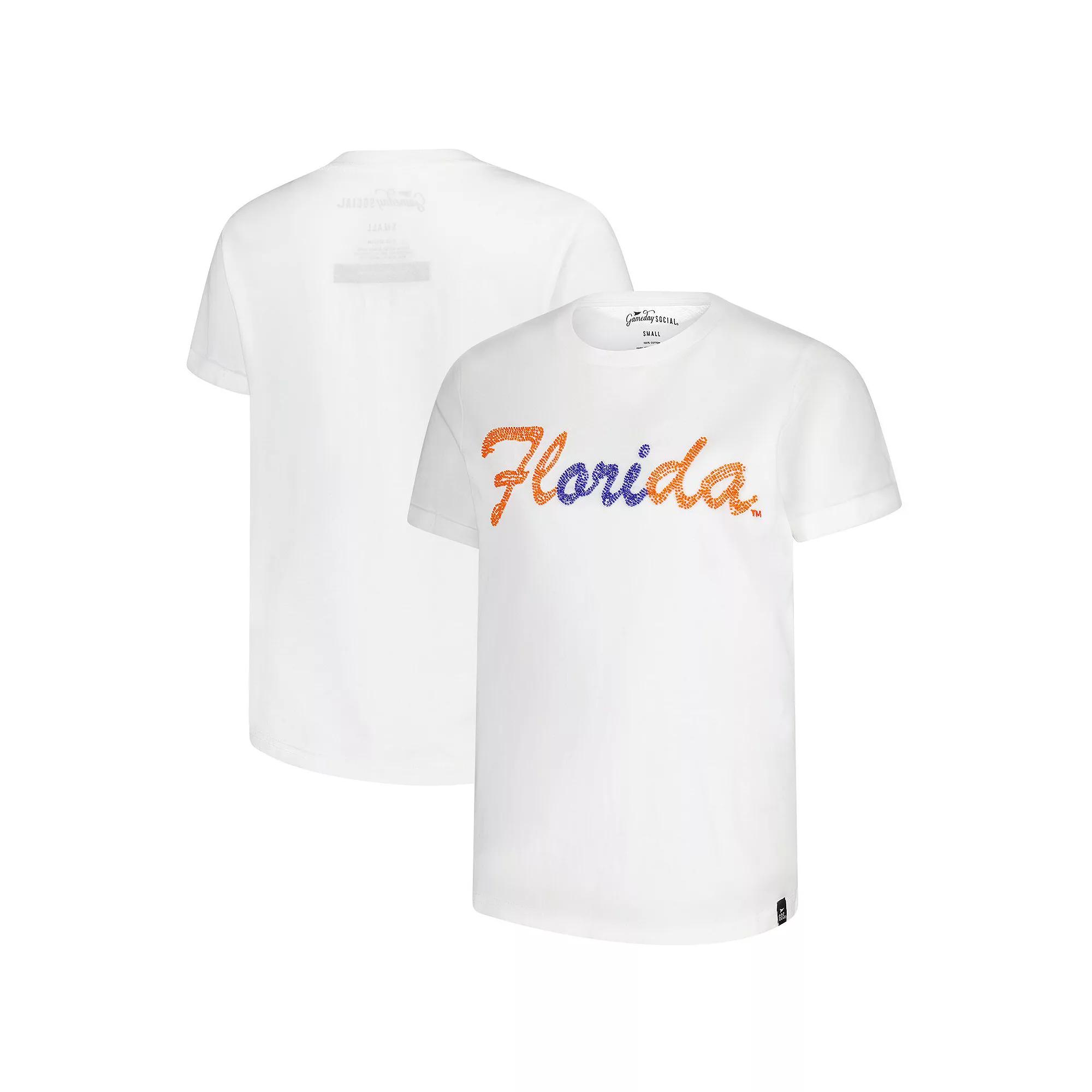 Women's White Florida Gators Hand Sewn Beaded Script T-Shirt,  Product Image