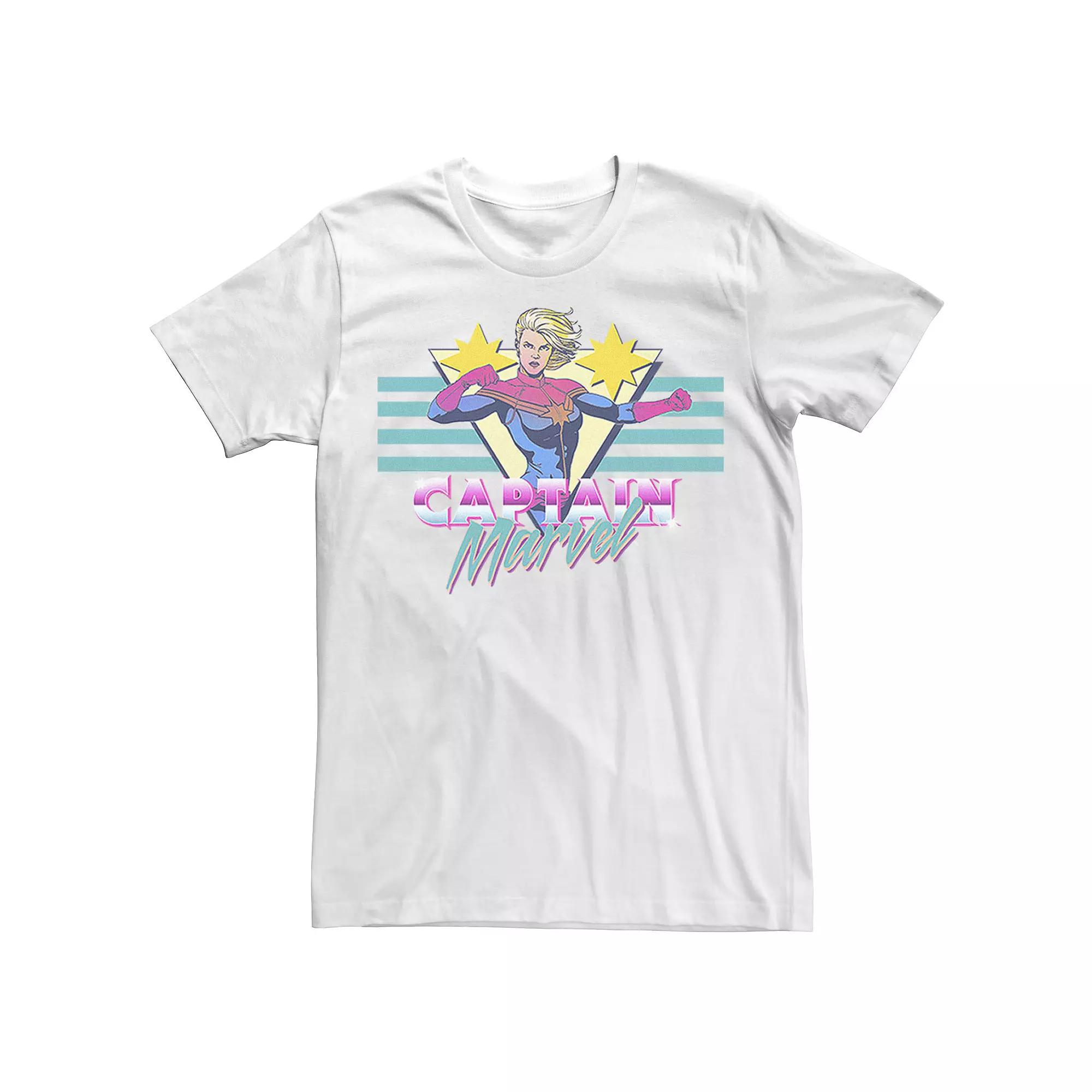Men's Marvel Captain Marvel Action Pose Retro 80's Logo Poster Graphic Tee,  Product Image