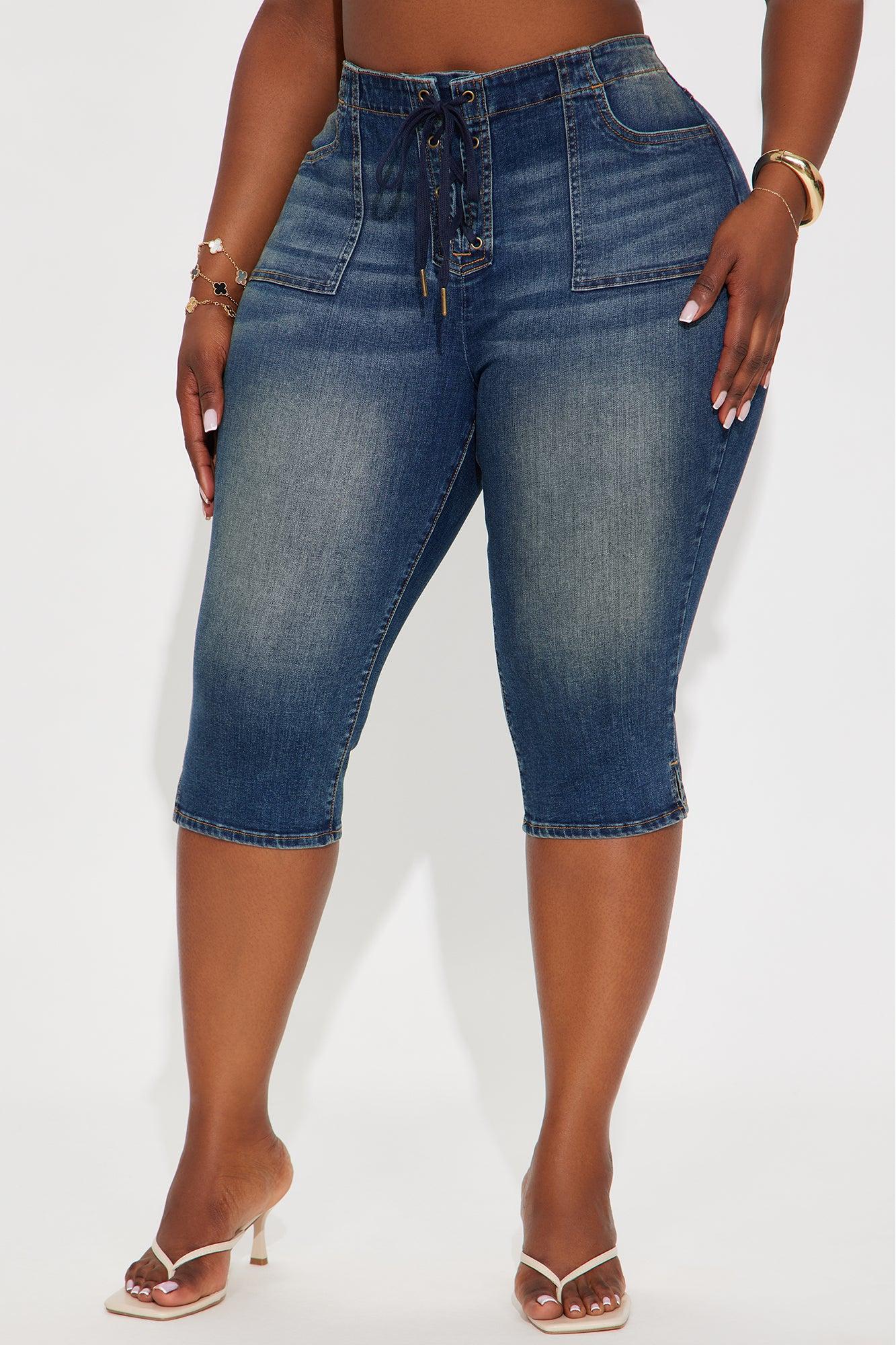 Leveled Up Lace Up Stretch Denim Capris - Dark Wash Product Image