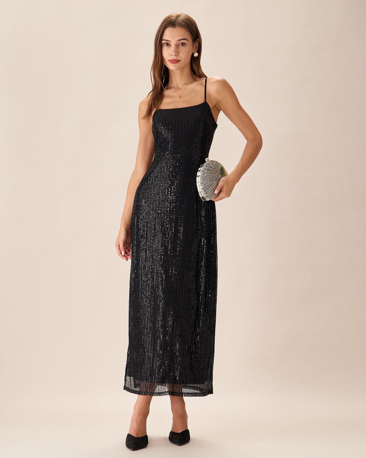 Black Sequin Bodycon Slit Maxi Dress Product Image