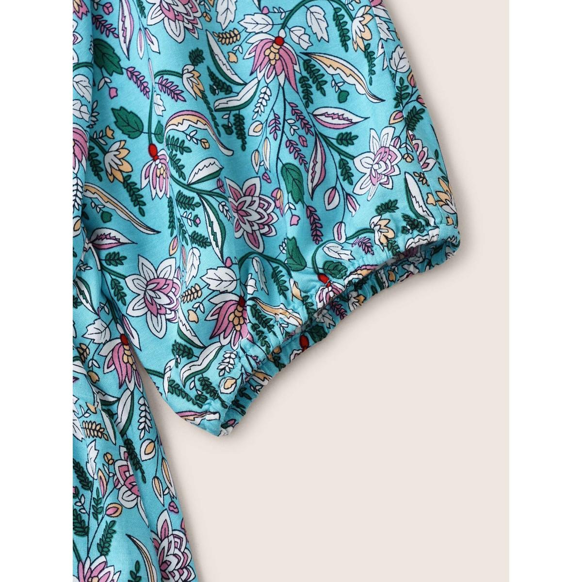 Plus Size Boho Print Wrap Elastic Waist Lantern Sleeve Dress Turquoise Women Resort Overlapping Overlap Collar Elbow-length sleeve Curvy Midi Dress BloomChic 26/4X Product Image