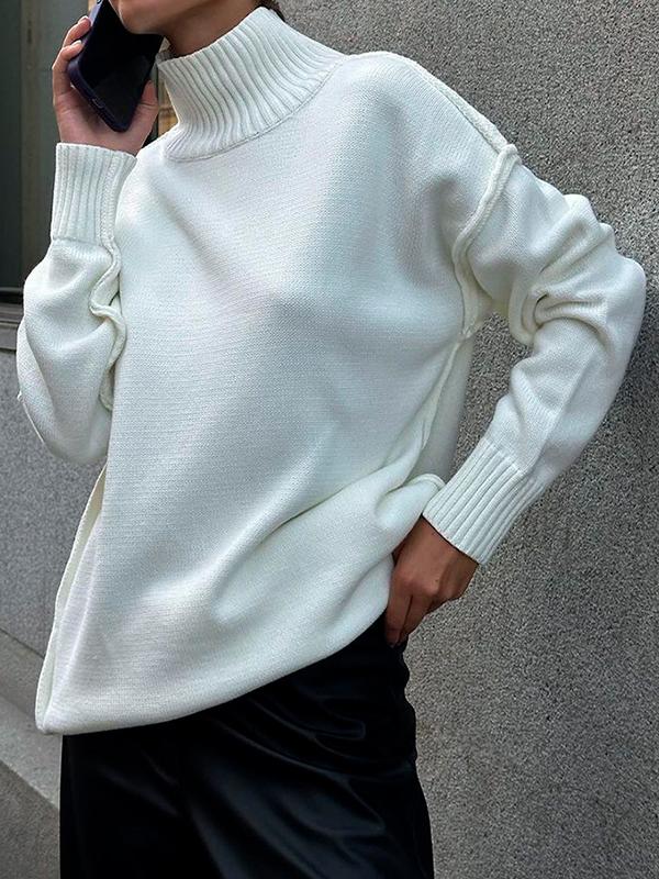 Long Sleeves Loose Solid Color Split-Joint High Neck Pullovers Sweater Tops Product Image