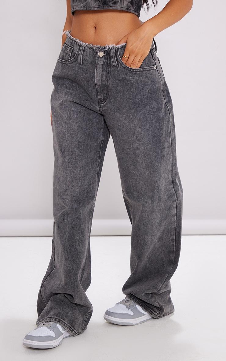 Petite Washed Grey Fray Waist Low Rise Straight Leg Jeans Product Image