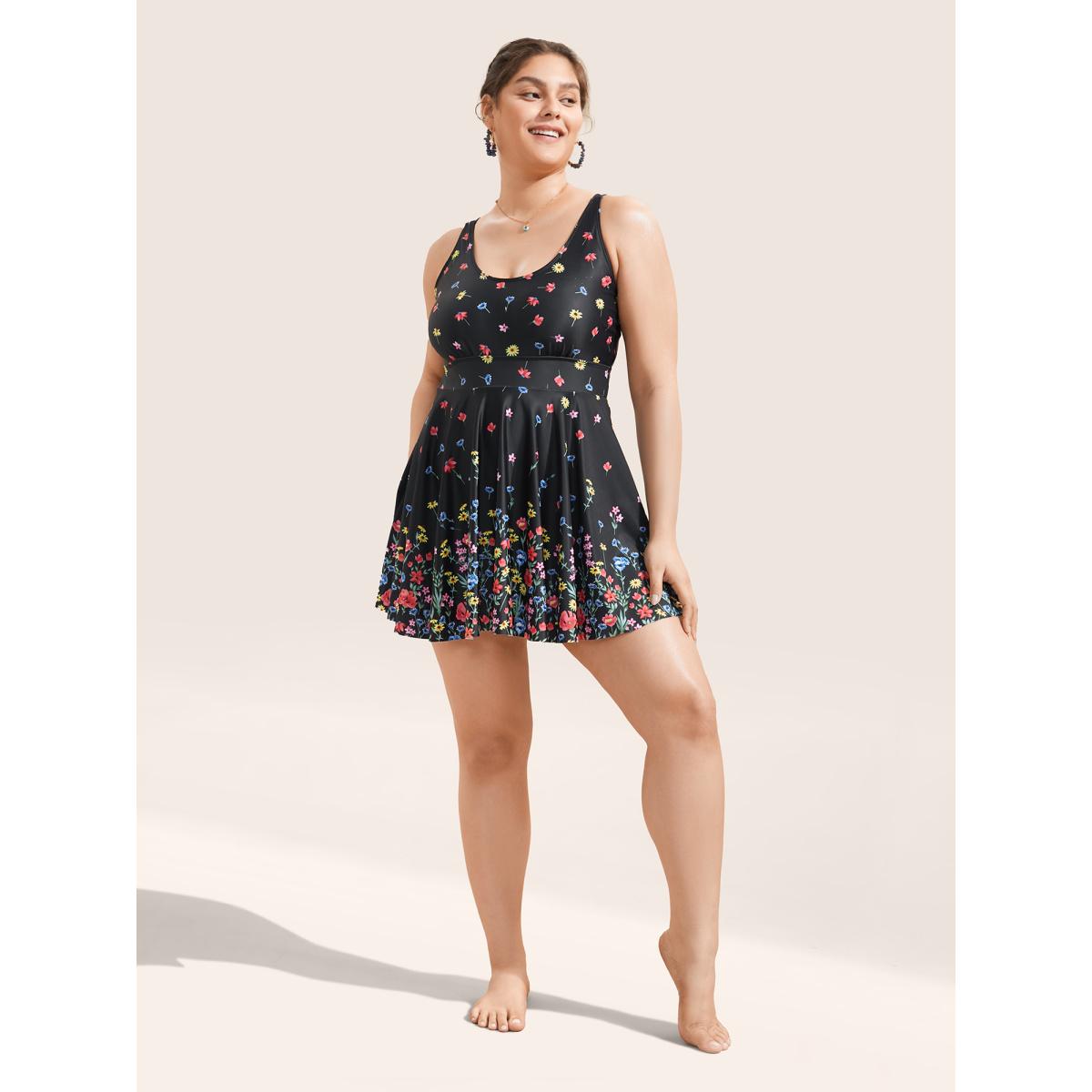 Plus Size Ditsy Floral Lined Spaghetti Strap Swim Dress Women's Swimwear Black Beach Bodycon U-neck High stretch Curve Swim Dresses BloomChic 18-20/2X Product Image