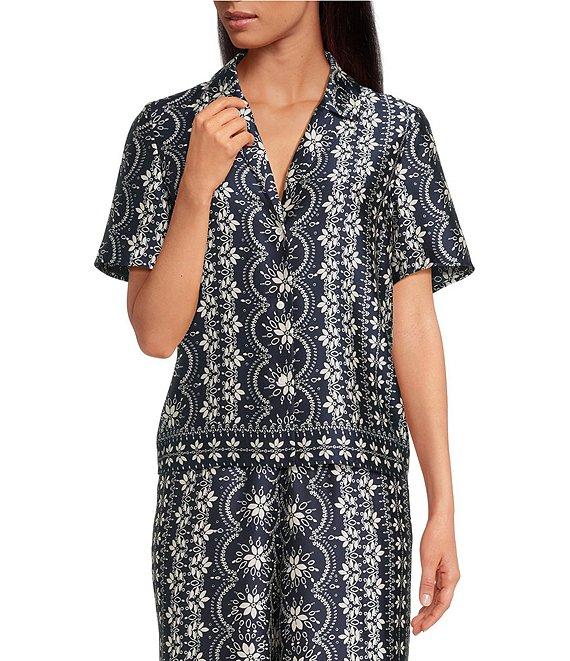 CeCe Woven Notch Collar Short Sleeve Button Front Camp Coordinating Shirt Product Image