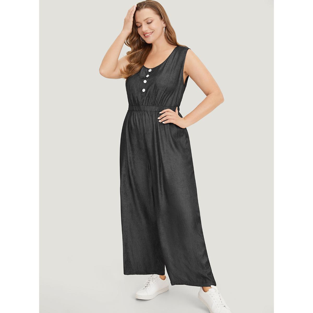 Plus Size Black Solid Pocket Button Detail Zipper Tank Jumpsuit Women Casual Sleeveless Round Neck Dailywear Loose Jumpsuits BloomChic 12/L Product Image