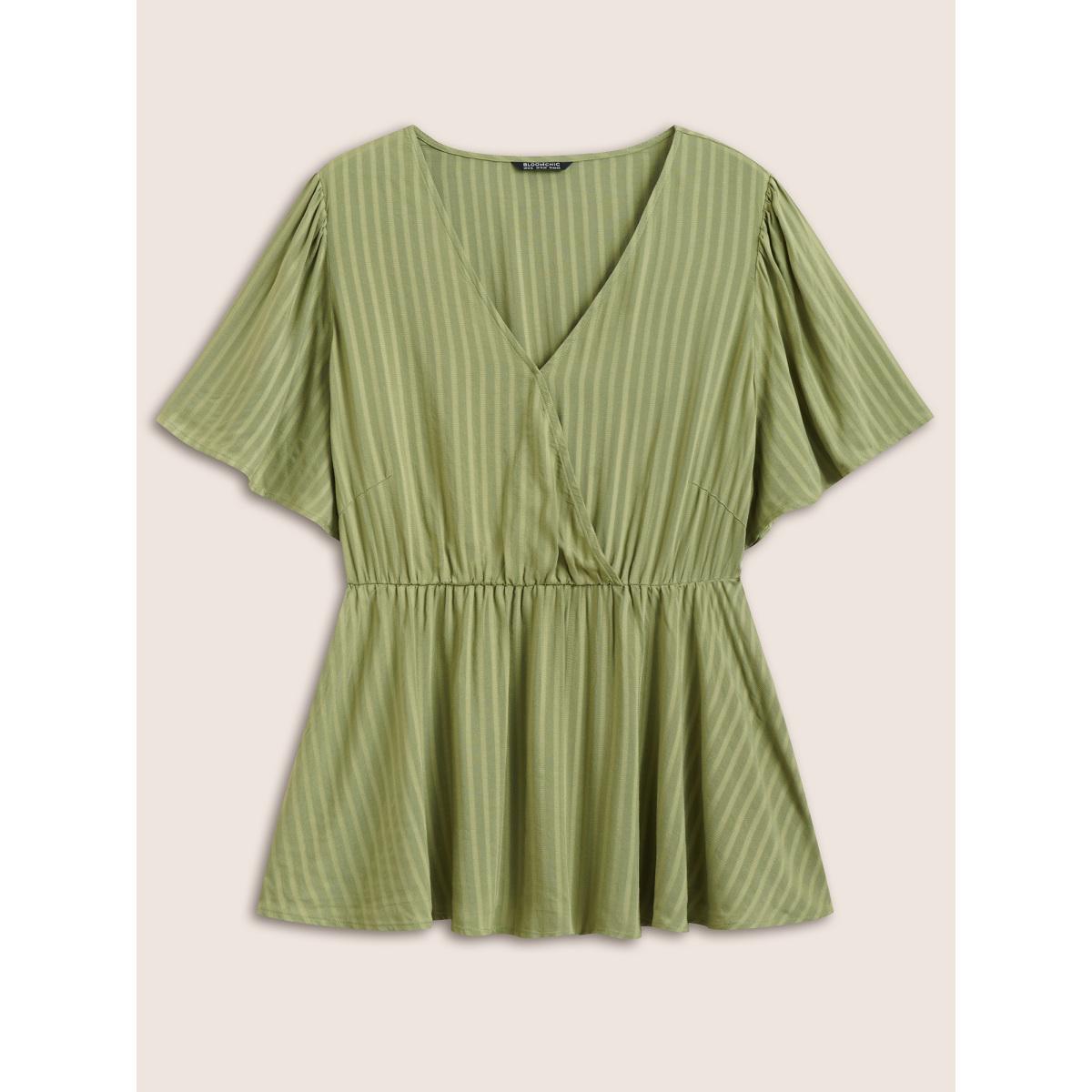 Plus Size Sage Plain Striped Overlap Collar Ruffle Sleeve Blouse Women Casual Short sleeve Overlap Collar Everyday Blouses BloomChic 28/5X Product Image