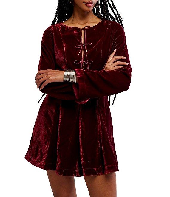 Free People Linney V-Neck Tie Front Long Sleeve Velvet Mini Dress Product Image
