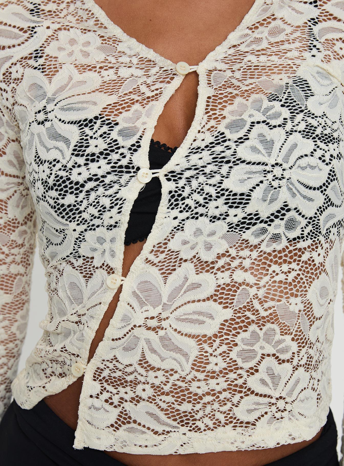 Berkely Lace Button Up Long Sleeve Top Cream Product Image