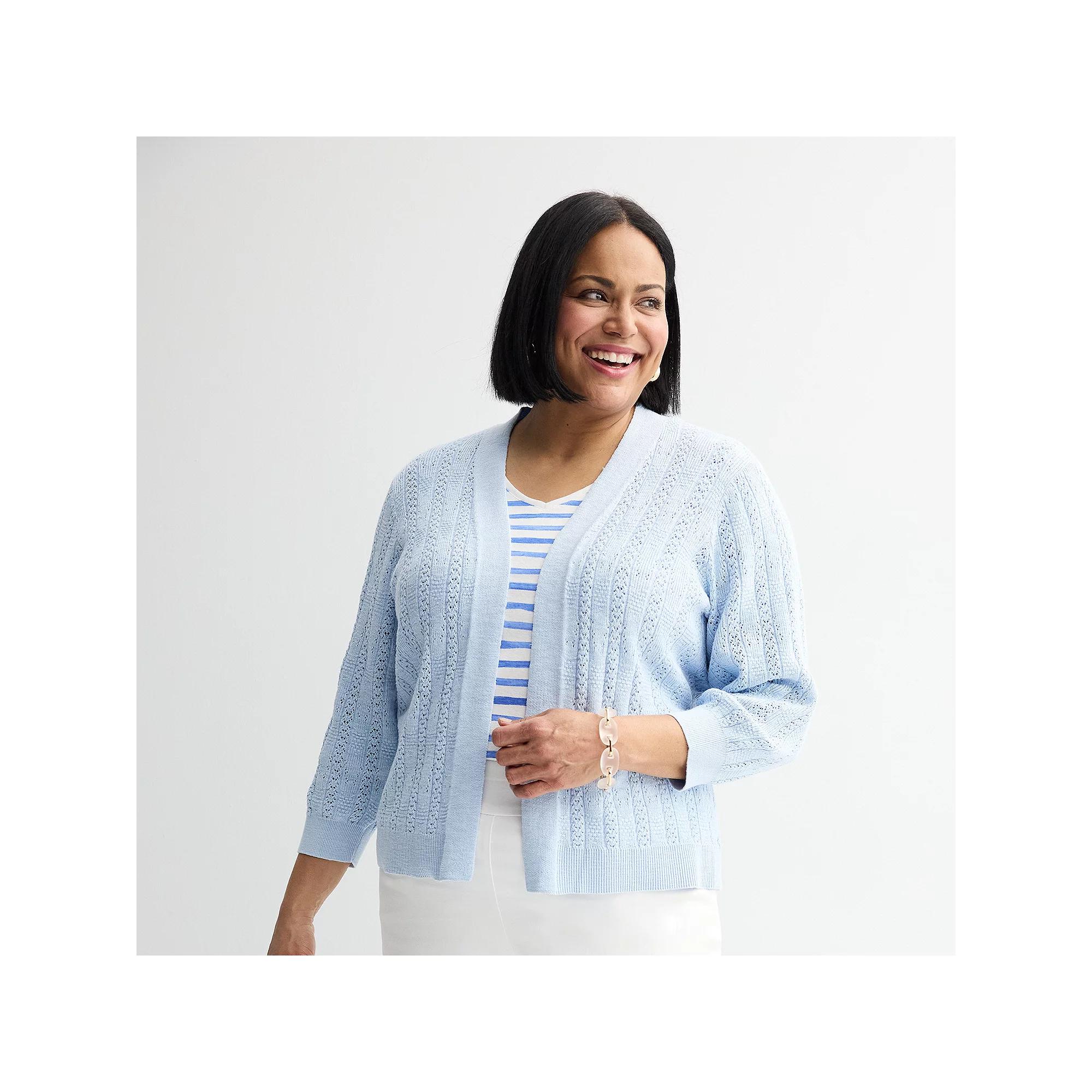 Plus Size Croft & Barrow® Pointelle Basket Open Front Cardigan, Women's, Size: 5XL, Light Blue Product Image