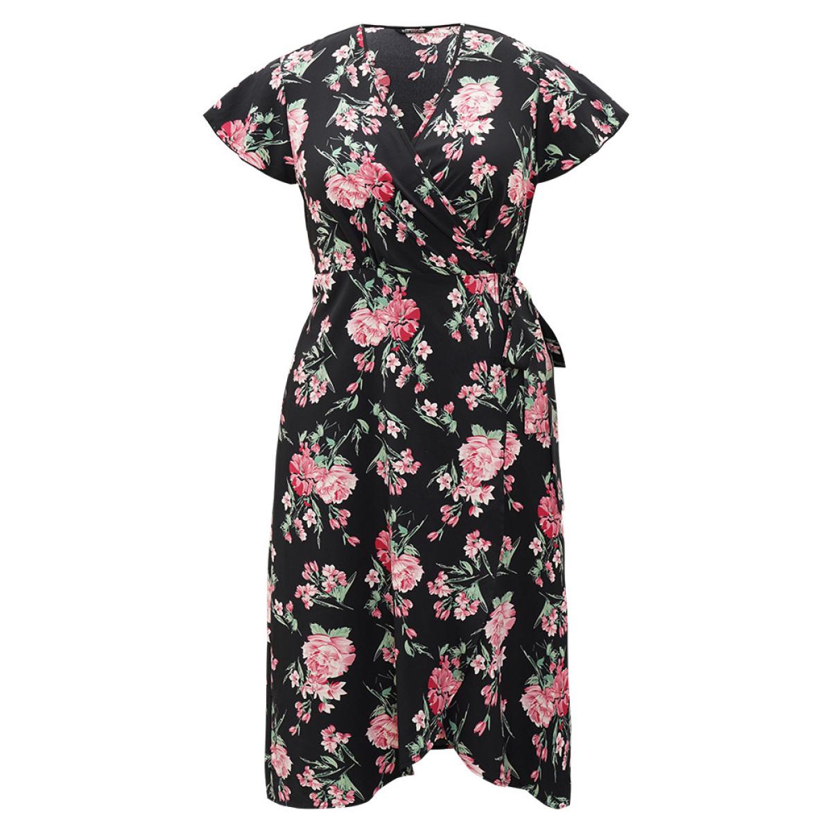 Plus Size Floral Print Wrap Pocket Knot Asymmetrical Hem Dress Black Women Elegant Wrap V-neck Short sleeve Curvy Midi Dress BloomChic 22-24/3X Product Image