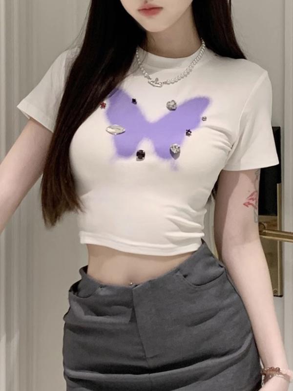 Vintage Butterfly Print Diamond Cropped Short Sleeve Tee Product Image