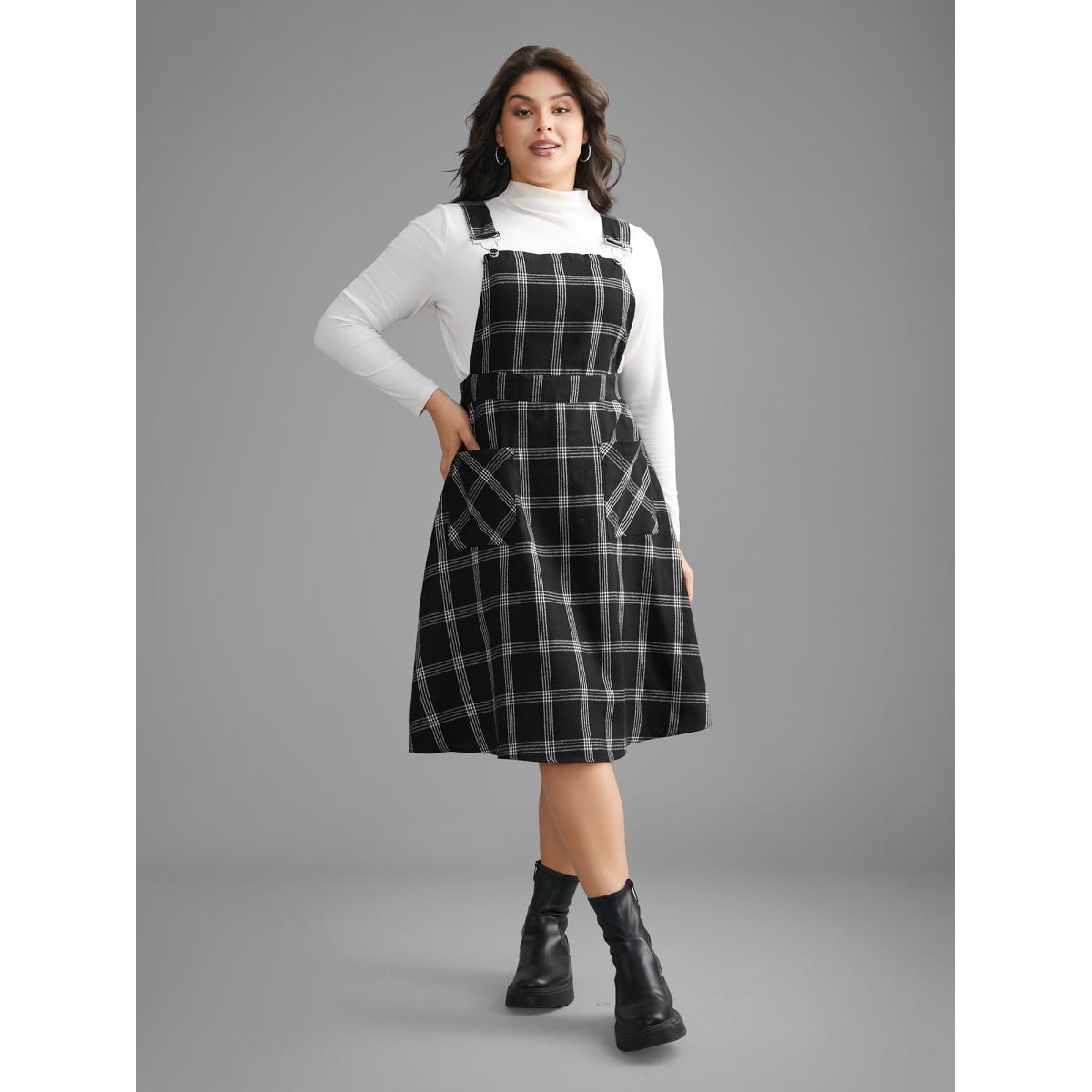 Plus Size Plaid Square Neck Patched Pocket Dress Black Women Casual Non Square Neck Sleeveless Curvy BloomChic 28/5X Product Image