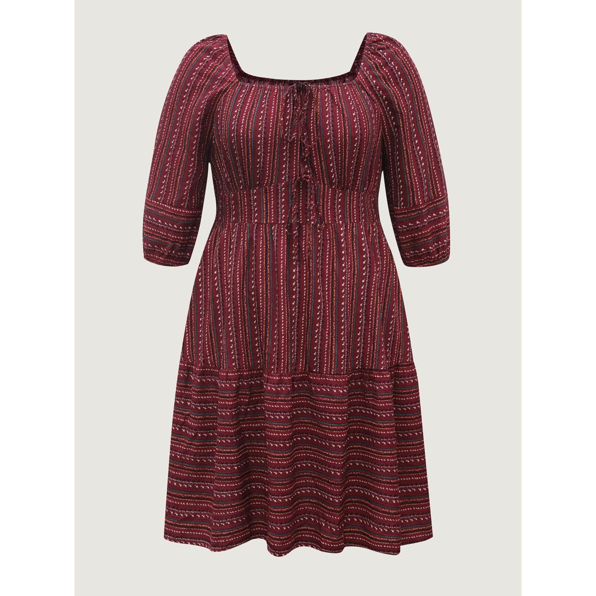 Plus Size Fall Stripes Cinched-Waist Tie Midi Dress Burgundy Women Boho Tie knot Square Neck Elbow-length sleeve Curvy BloomChic 12/L Product Image