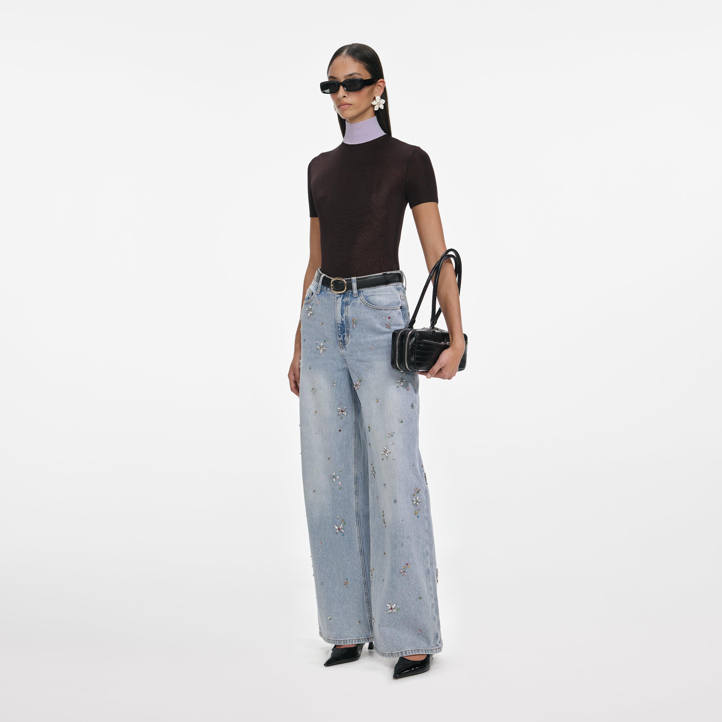 Light Blue Embellished Wide Leg Jeans Product Image