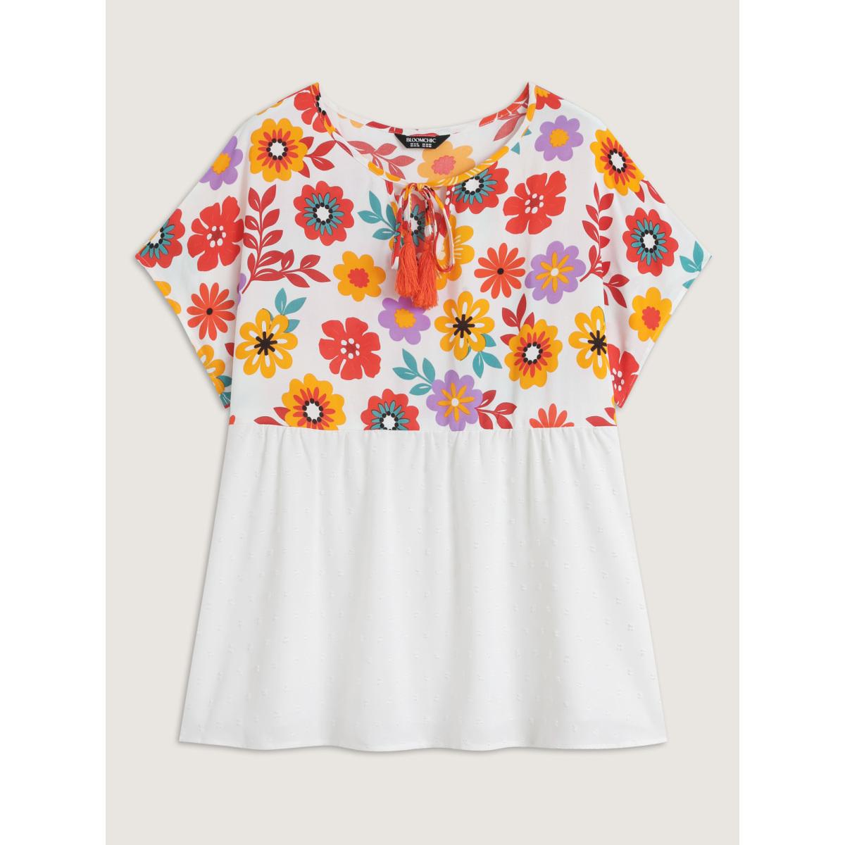 Plus Size WhiteSmoke Floral Print Neck-Tie Babydoll Top Women Resort Short sleeve Non Vacation Blouses BloomChic 28/5X Product Image