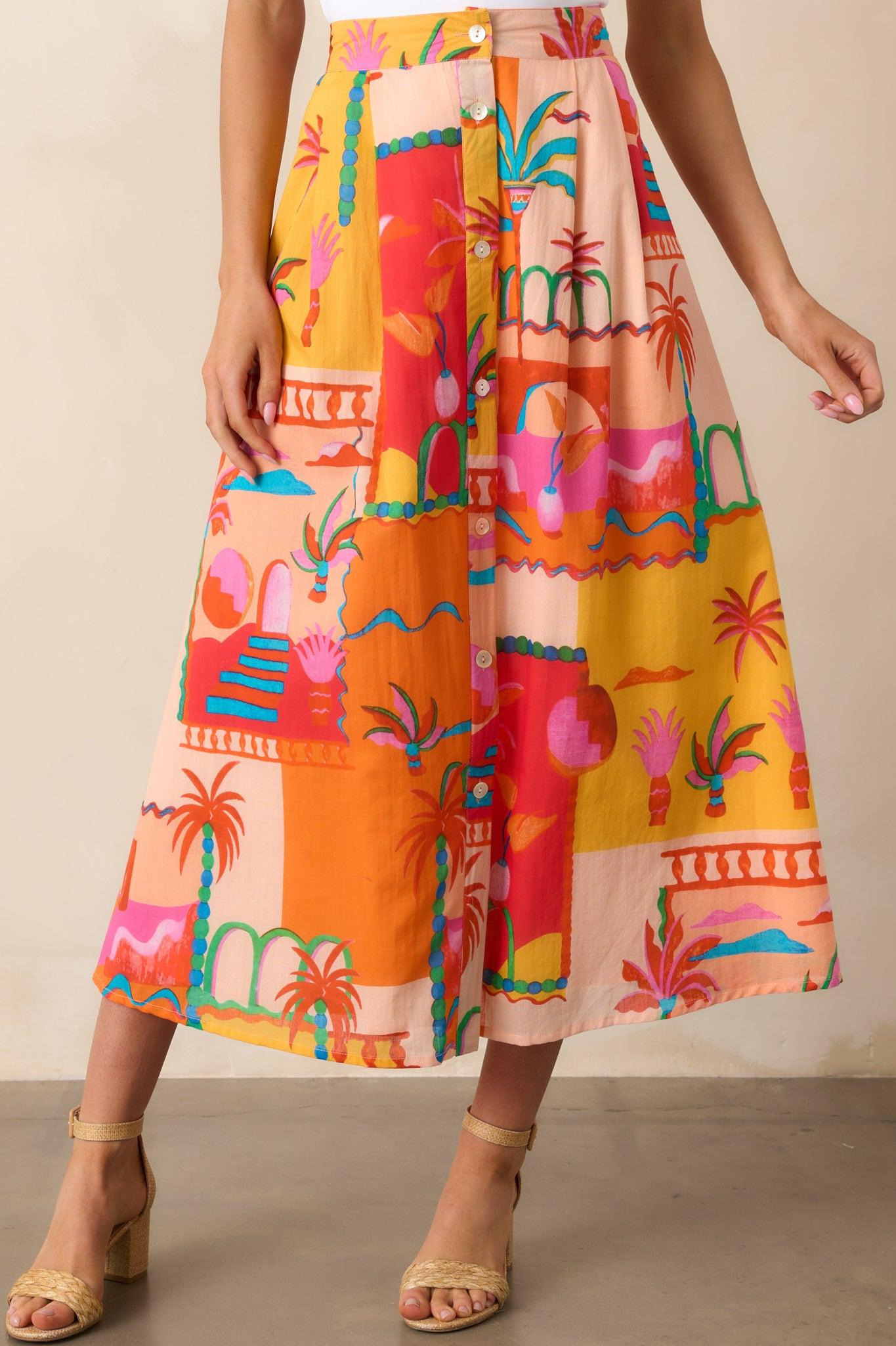Bright Idea Orange Tropical Print Cotton Button Front Midi Skirt Product Image