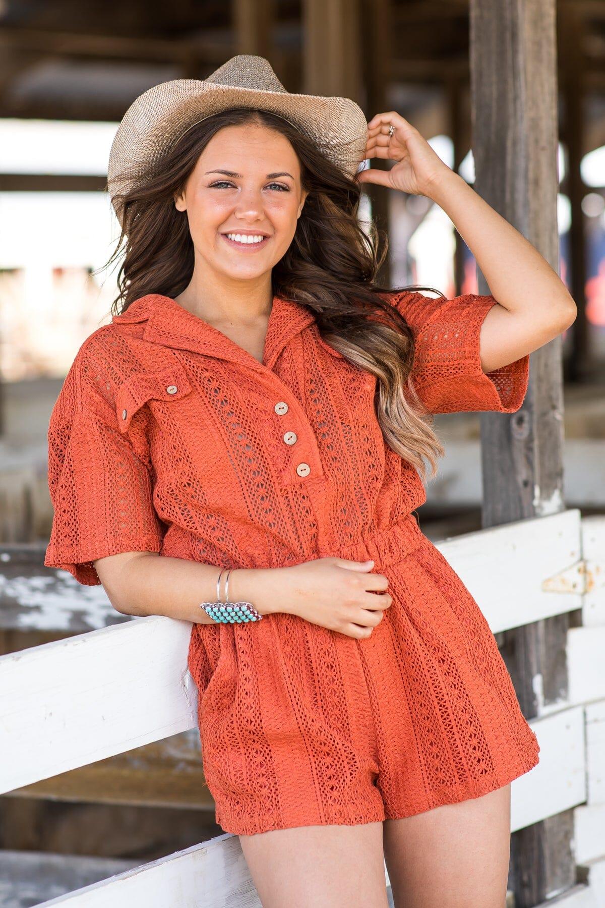 Burnt Orange Lace Elastic Waist Romper Product Image