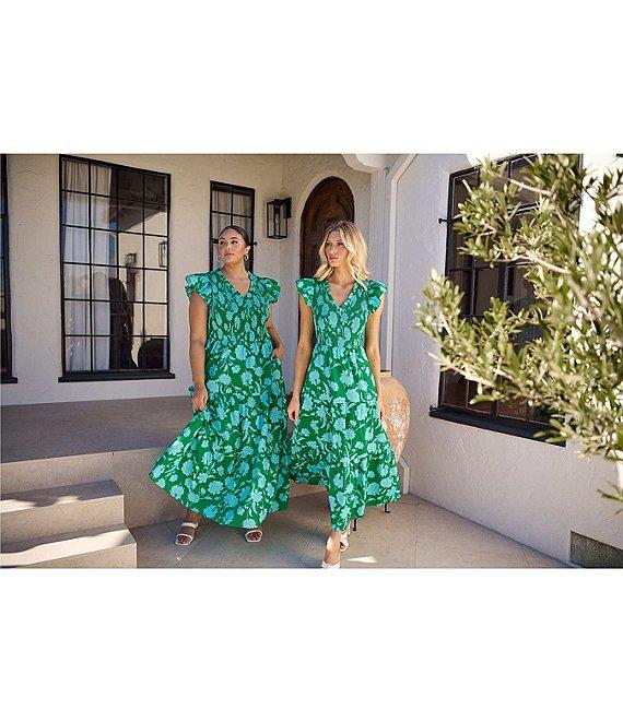 Sugarlips Floral Sunfire Print Smocked V-Neck Sleeveless Tiered A-Line Midi Dress Product Image