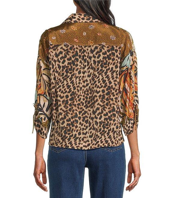 John Mark Mixed Animal And Floral Print Ditsy Point Collar Dolman Cinched Sleeve Button Front Tie Blouse Product Image