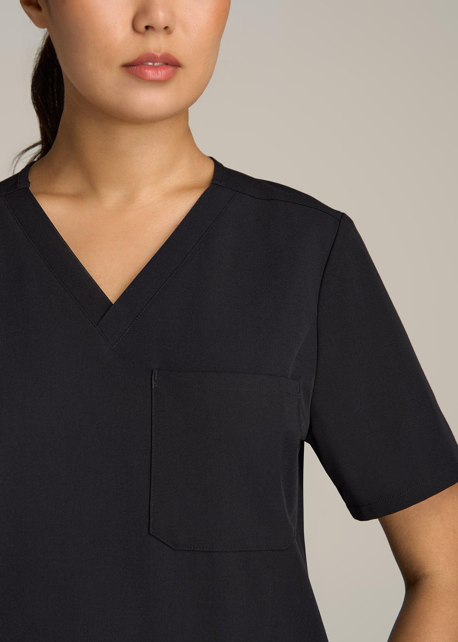 Short Sleeve V-Neck Scrub Top for Tall Women in Black Female Product Image