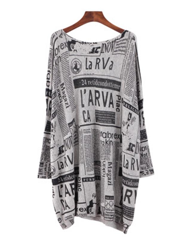 Vintage Loose One-Shoulder Newspaper Printed Split-Joint Sweater Product Image