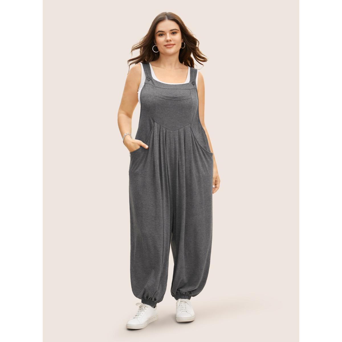 Plus Size DimGray Square Neck Patched Pocket Pleated Carrot Jumpsuit Women Casual Sleeveless Square Neck Everyday Loose Jumpsuits BloomChic 28/5X Product Image