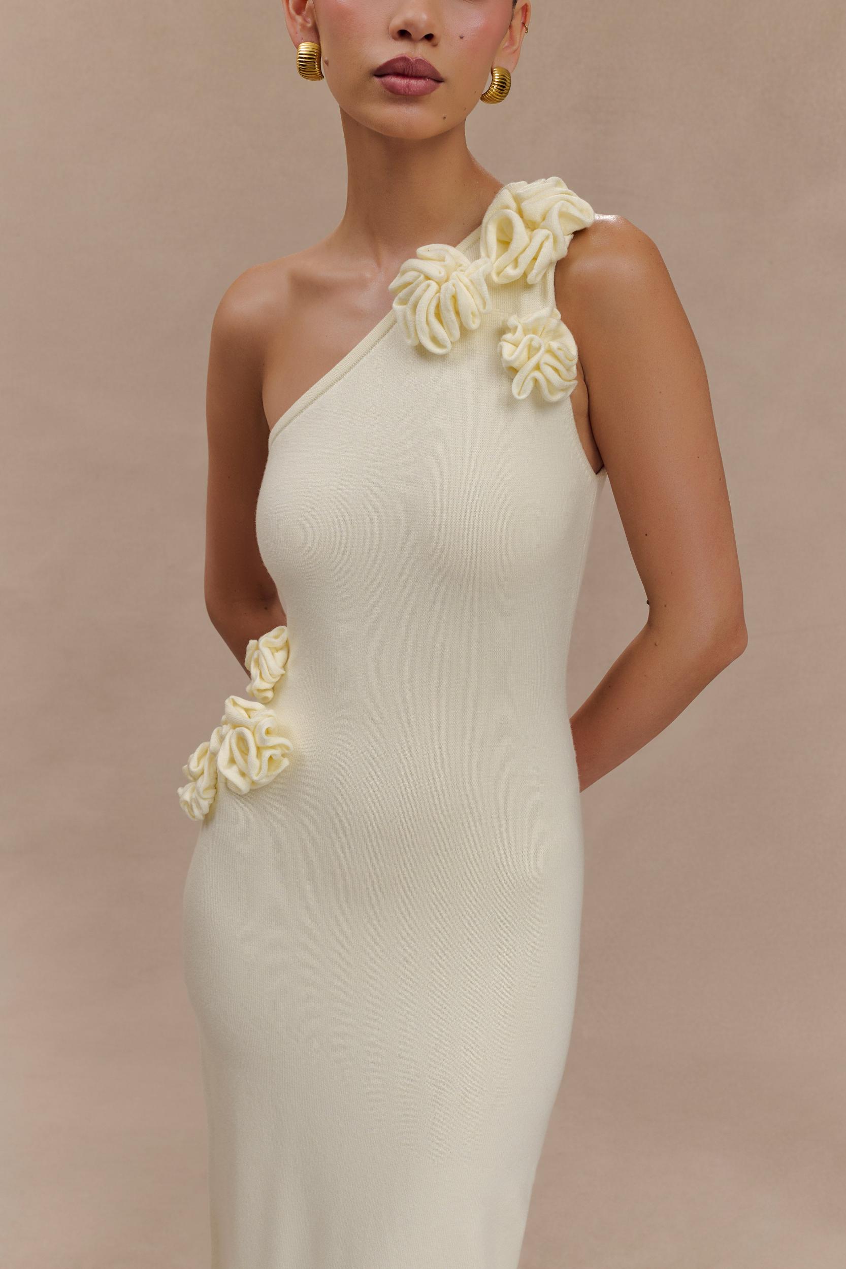 Paloma One Shoulder Knit Maxi Dress With Flowers - Ivory Product Image