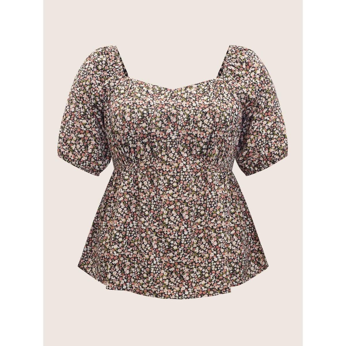 Plus Size BlackFlower Ditsy Floral Square Neck Elastic Waist Blouse Women Elegant Short sleeve Square Neck Everyday Blouses BloomChic 22-24/3X Product Image