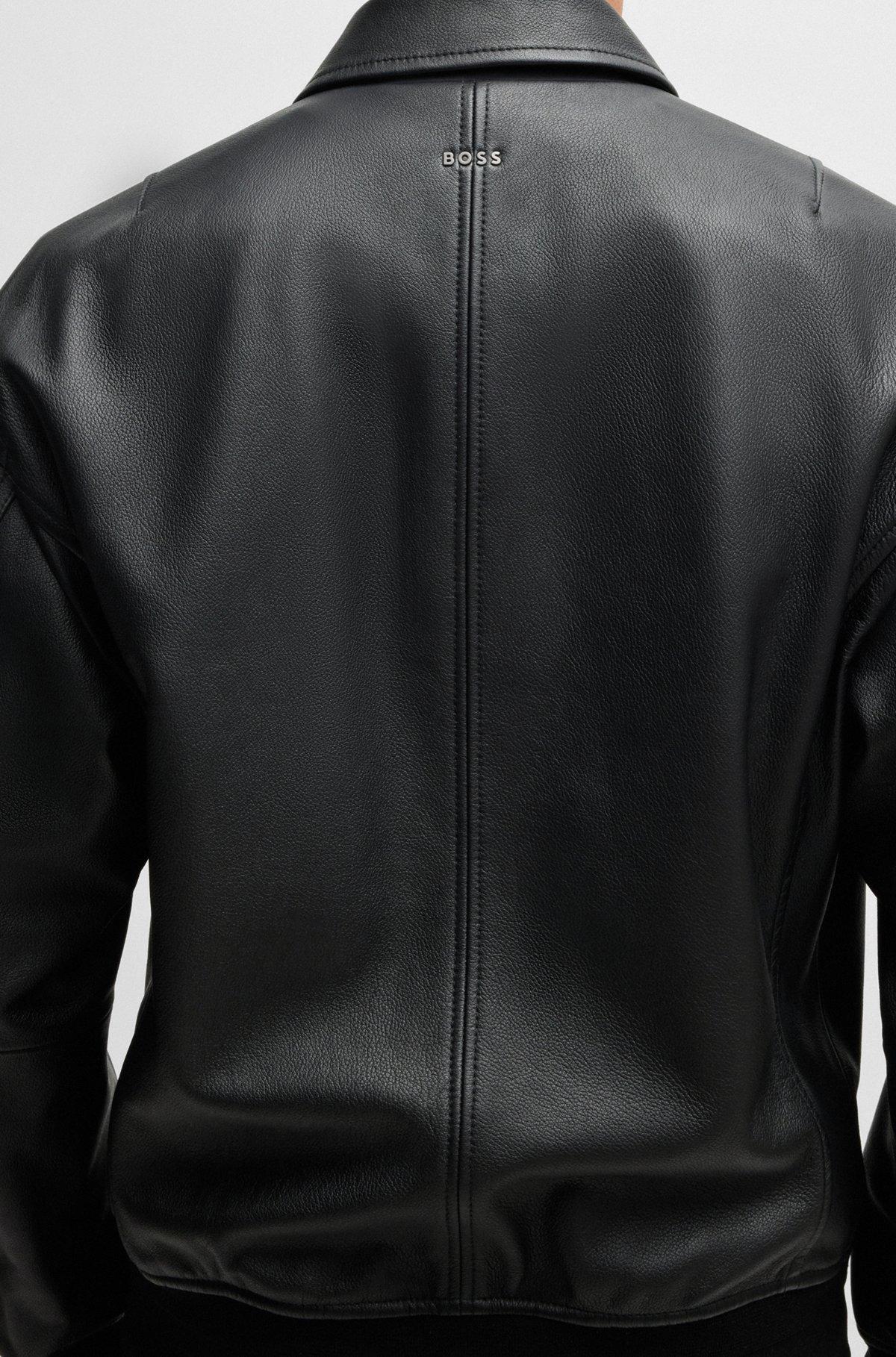 BOSS - Relaxed-fit bomber jacket in treated leather - Black Product Image