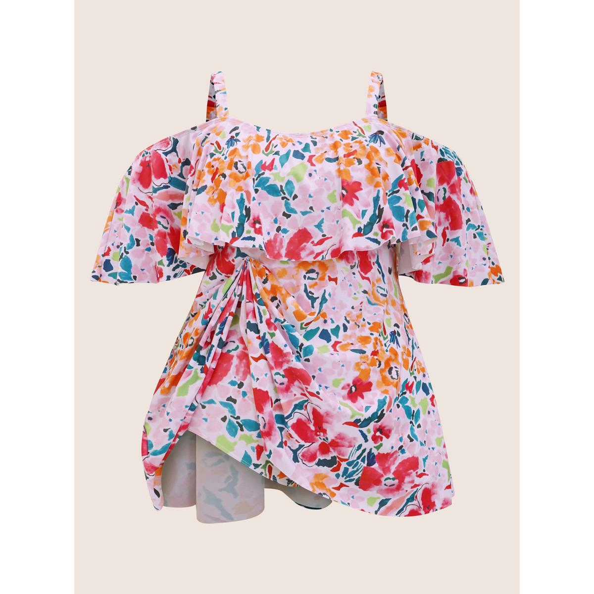 Plus Size Tropical Adjustable Straps Cold Shoulder Ruffles Trim Swim Dress Women's Swimwear Peach Beach Bodycon One-shoulder neck High stretch Curve Swim Dresses BloomChic 30/6X Product Image