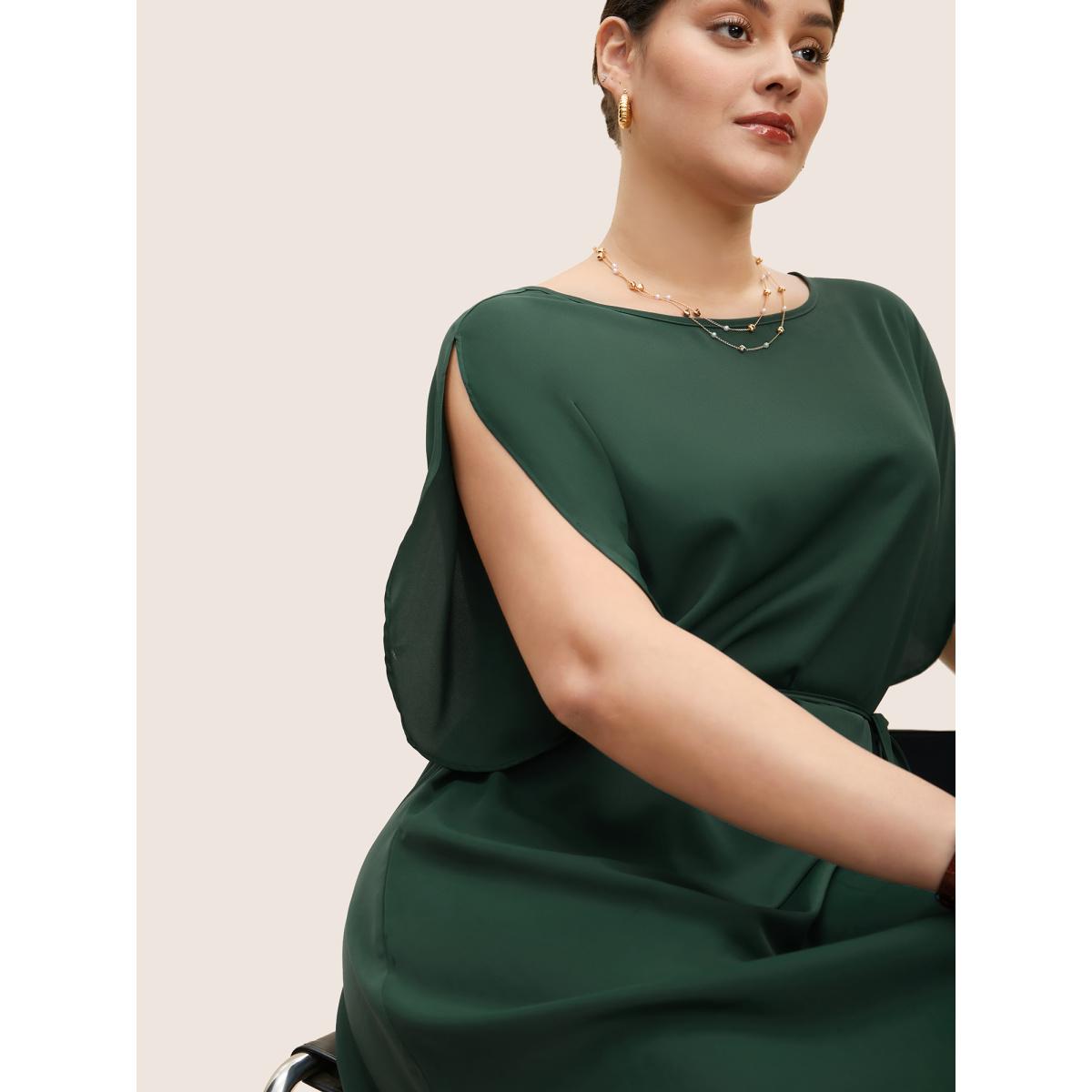 Plus Size Solid Boat Neck Dolman Sleeve Belted Dress DarkGreen Women Work From Home Belted Boat Neck Cap Sleeve Curvy BloomChic 14-16/1X Product Image
