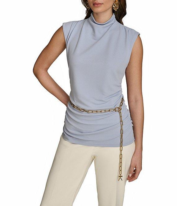 Donna Karan Gold #double;DK#double; Chain Belt Mock Neck Cap Sleeve Ruched Top Product Image