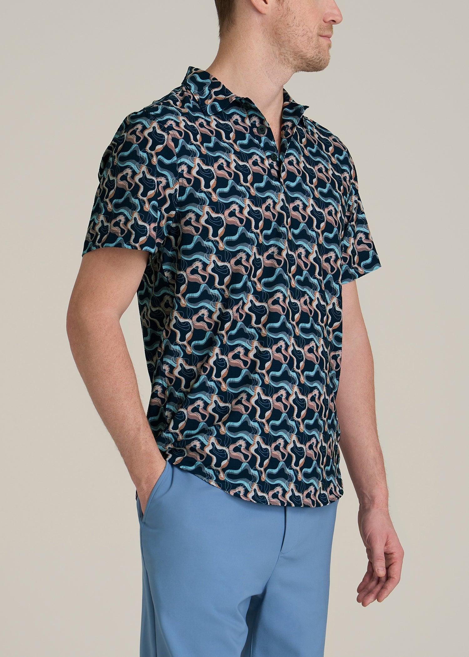 Coastal Perforated Polo Shirt for Tall Men in Blue and Rose Abstract Male Product Image