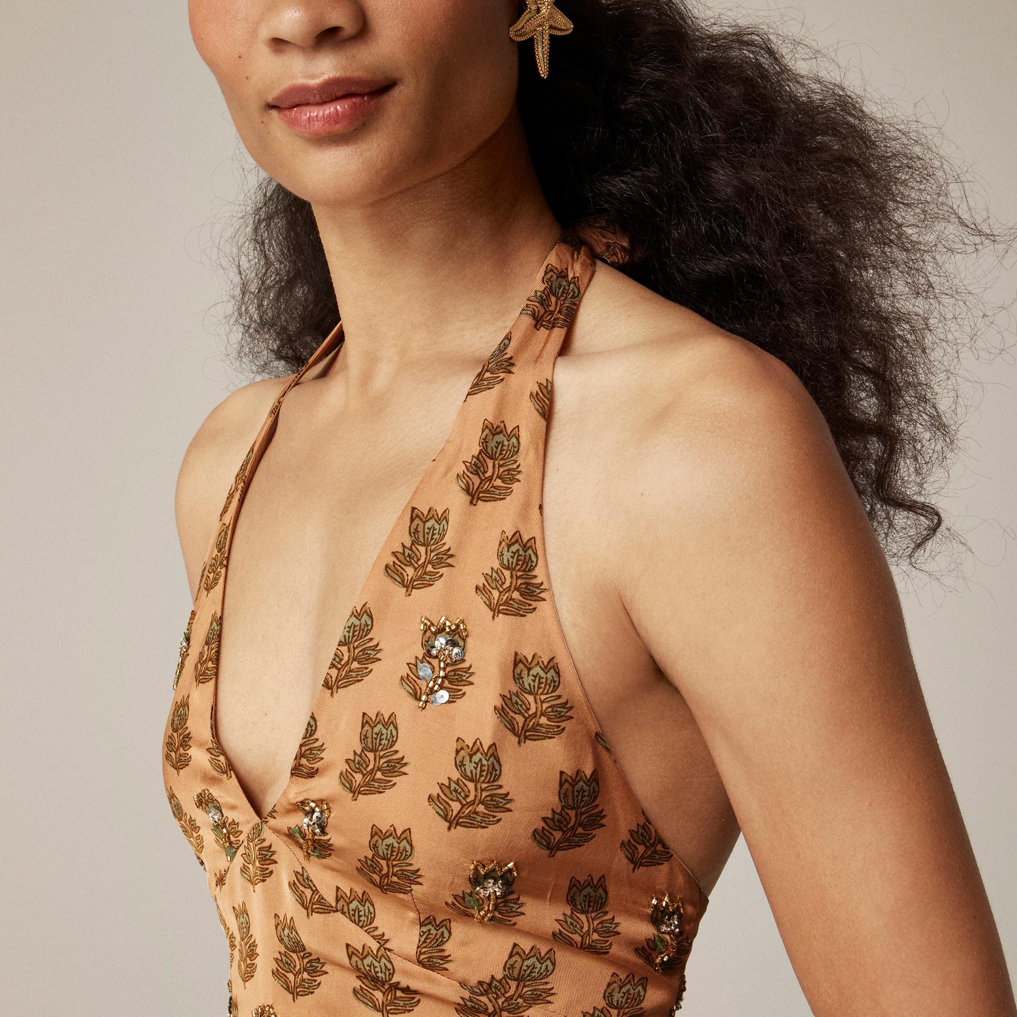 Collection embellished halter dress in tonal tulip block print Product Image