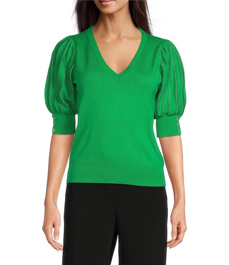 KARL LAGERFELD PARIS Knit Solid V-Neck Short Stripe Puff Sleeve Sweater Product Image