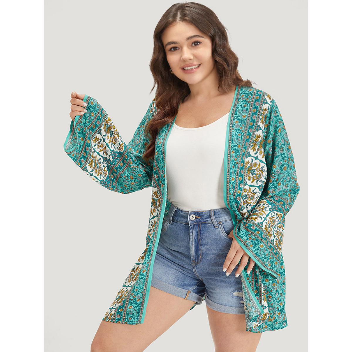 Plus Size Boho Print Flutter Sleeve Open Front Kimono Women Turquoise Casual Printed Loose Dailywear Kimonos BloomChic 18-20/2X Product Image