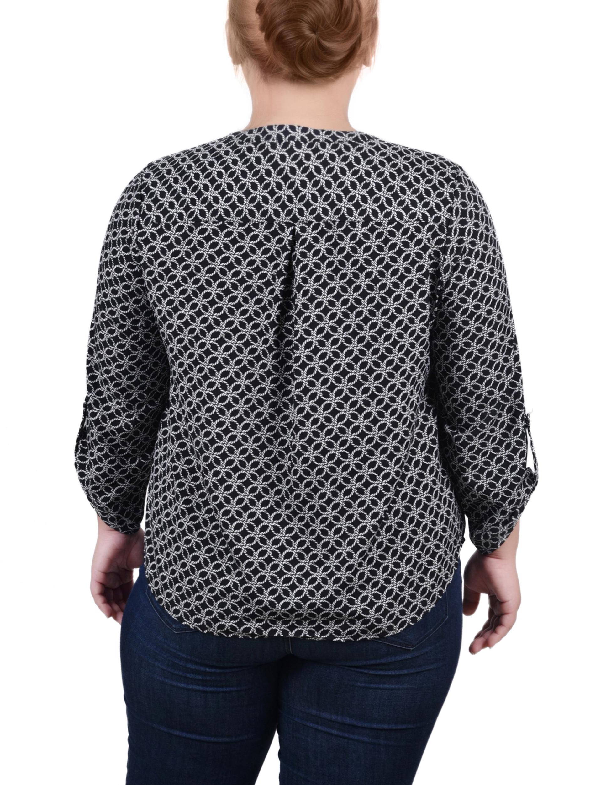 Black White Rope Iconic 3/4 Roll Tab Sleeve Mandarin Collar Blouse - Plus Size Product Image