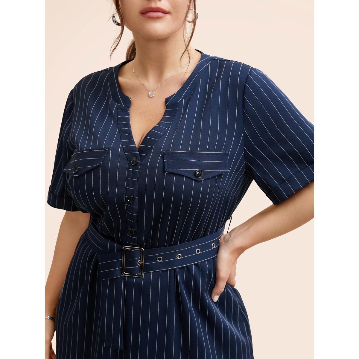 Plus Size Striped Notched Button Detail Belted Dress Navy Women At the Office Belted Flat collar with V-notch Short sleeve Curvy BloomChic 14-16/1X Product Image