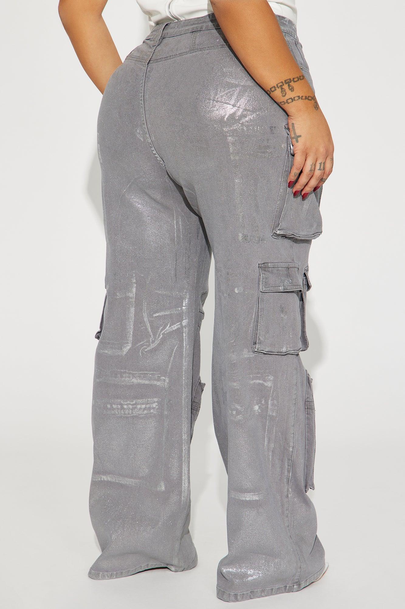 Time To Shine Foil Baggy Cargo Jeans - Silver Product Image