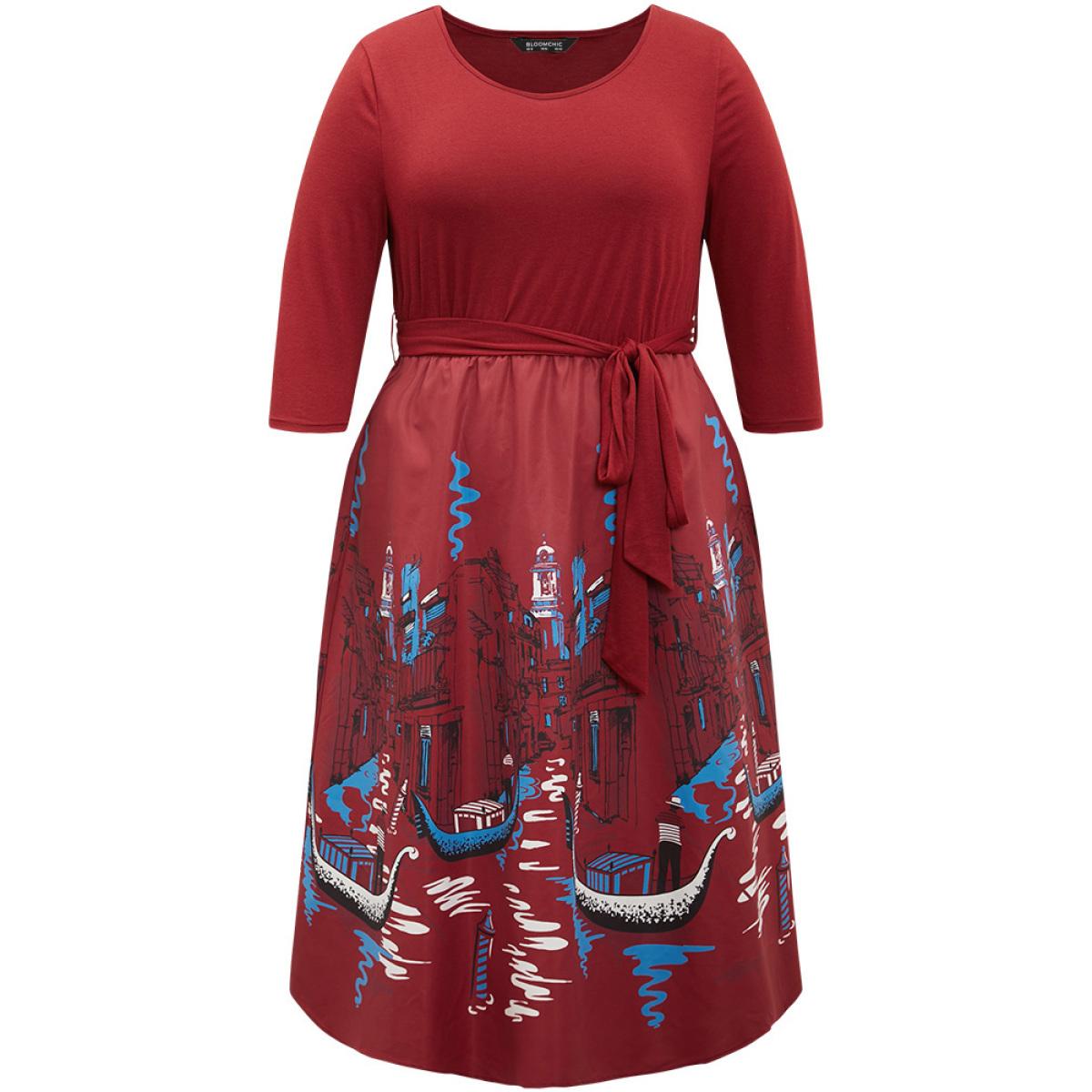 Plus Size Boho Print Patchwork Belted Gathered Dress Scarlet Women Office Printed Round Neck Elbow-length sleeve Curvy Midi Dress BloomChic 12/L Product Image