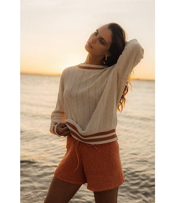 Billabong Classic Days Striped Trim Long Sleeve Open Weave Loose Knit Sweater Product Image