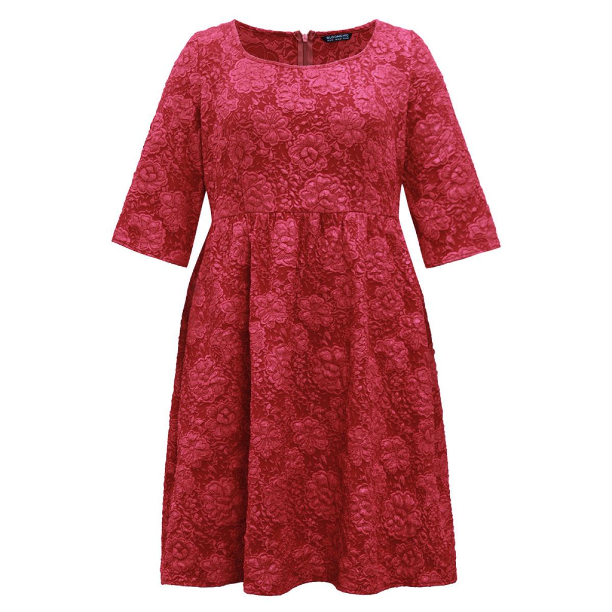 Plus Size Plain Textured Square Neck Pocket Dress Raspberry Women Party Texture Square Neck Elbow-length sleeve Curvy Knee Dress BloomChic 12/L Product Image