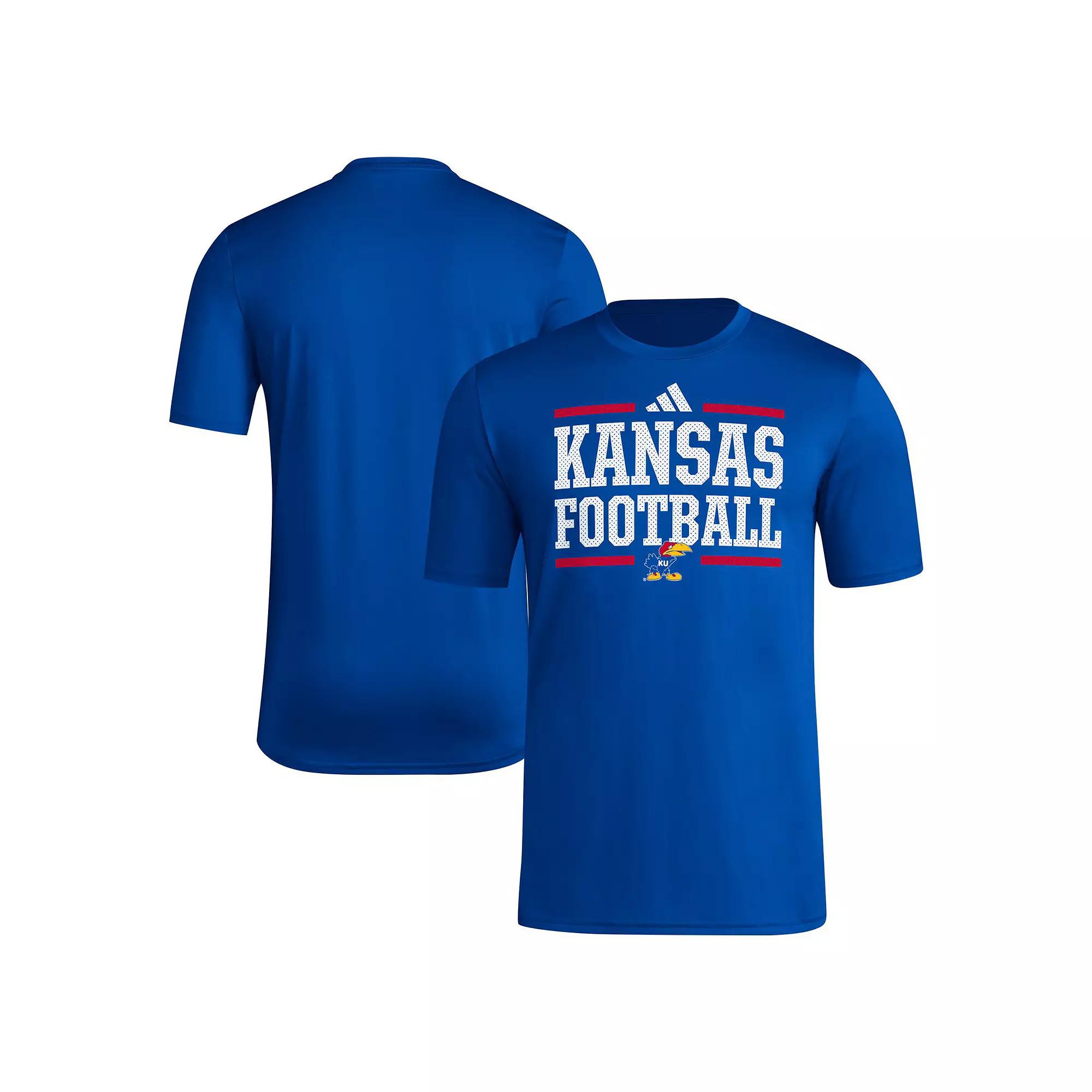 Men's adidas Royal Kansas Jayhawks Locker Football Pre-Game AEROREADY T-Shirt, Size: Large, Blue Product Image