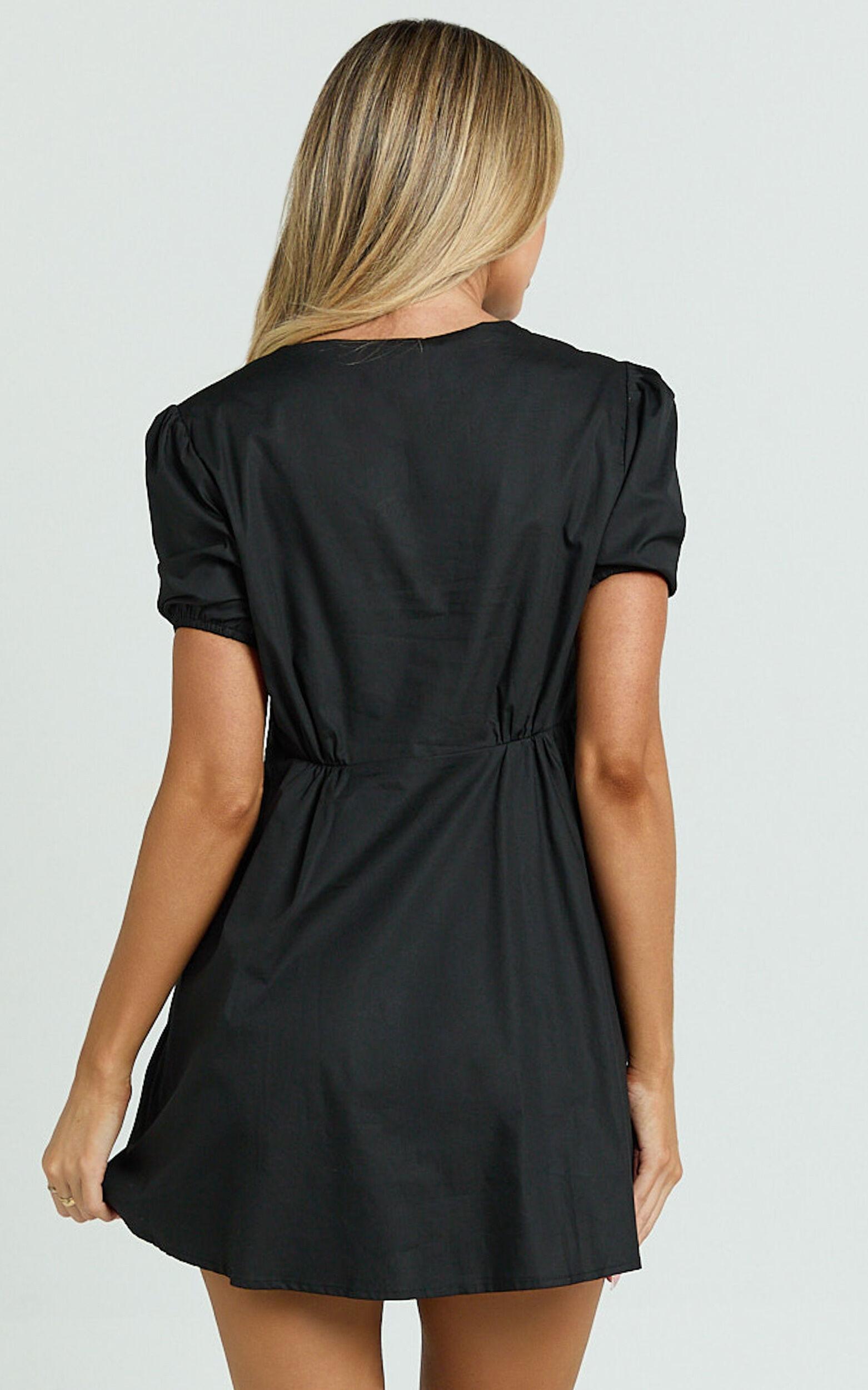 Hattie Mini Dress - Tie Front Puff Sleeve Dress in Black Product Image