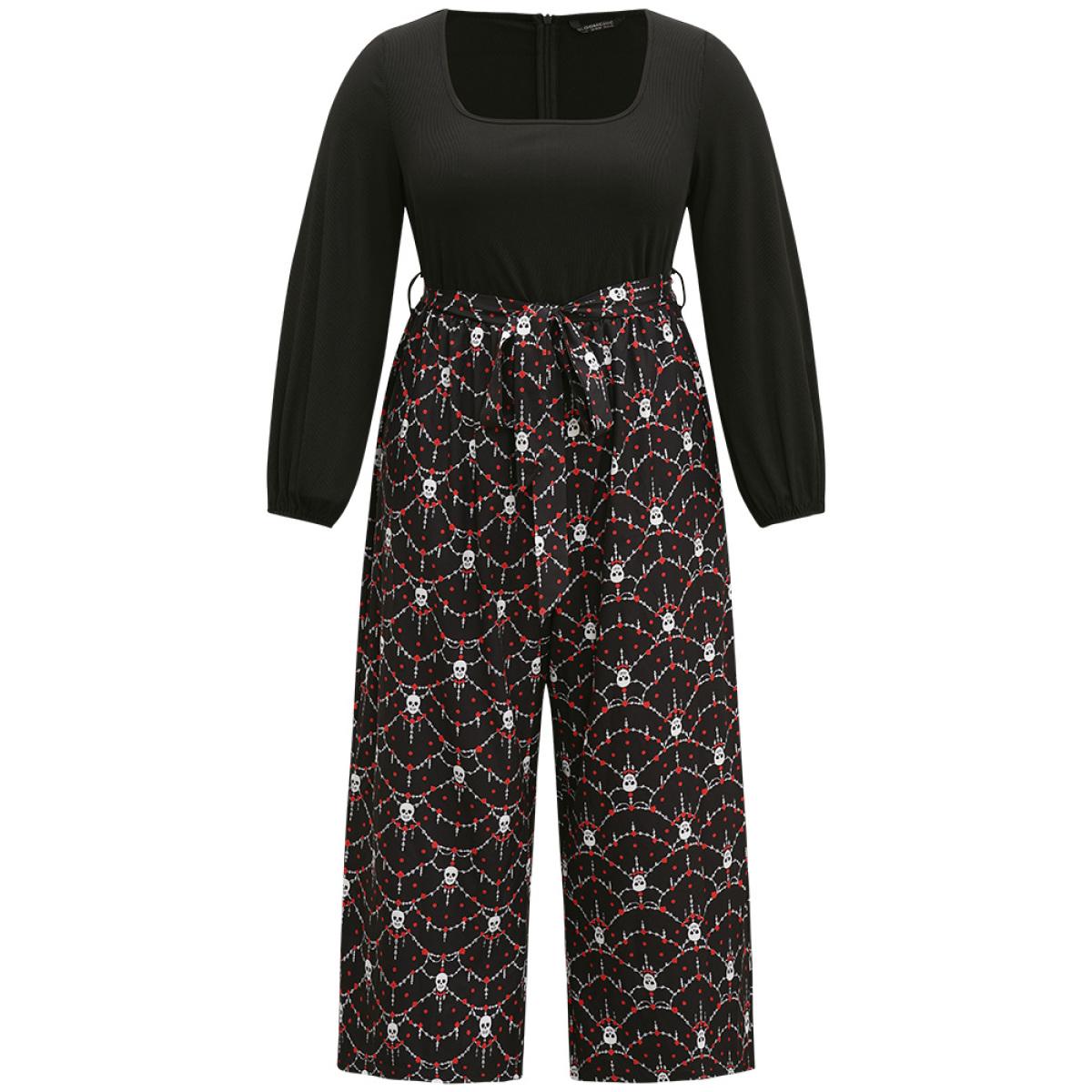 Plus Size Black Halloween Skull Print Patchwork Belted Jumpsuit Women Elegant Long Sleeve Square Neck Festival-Halloween Loose Jumpsuits BloomChic 26/4X Product Image