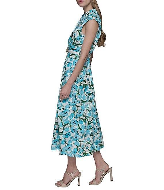 KARL LAGERFELD PARIS Linen Blend Floral Print V Neck Cap Sleeve Belted Blouson Midi Dress Product Image