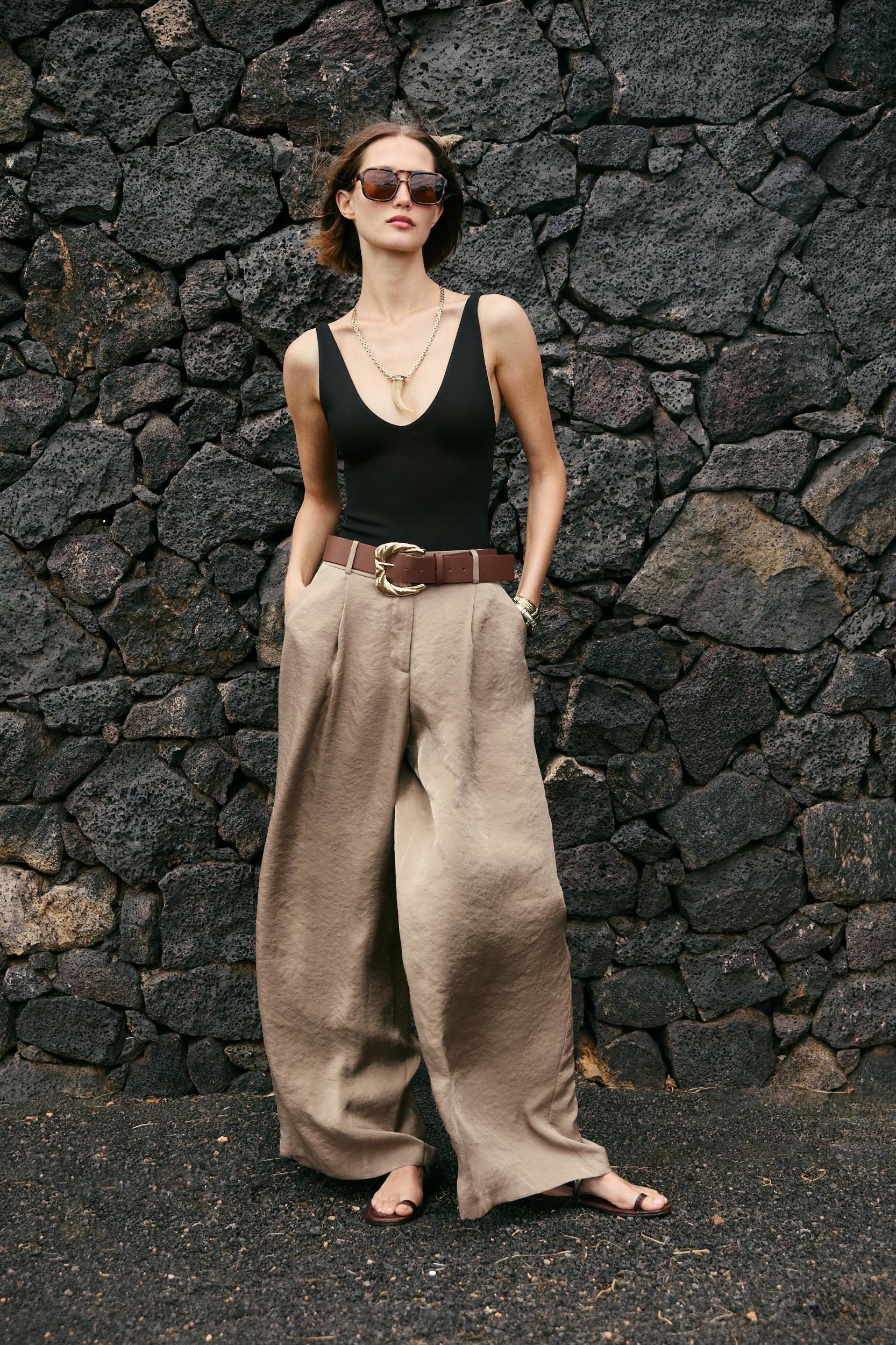 BELTED SATIN WIDE LEG PANTS Product Image