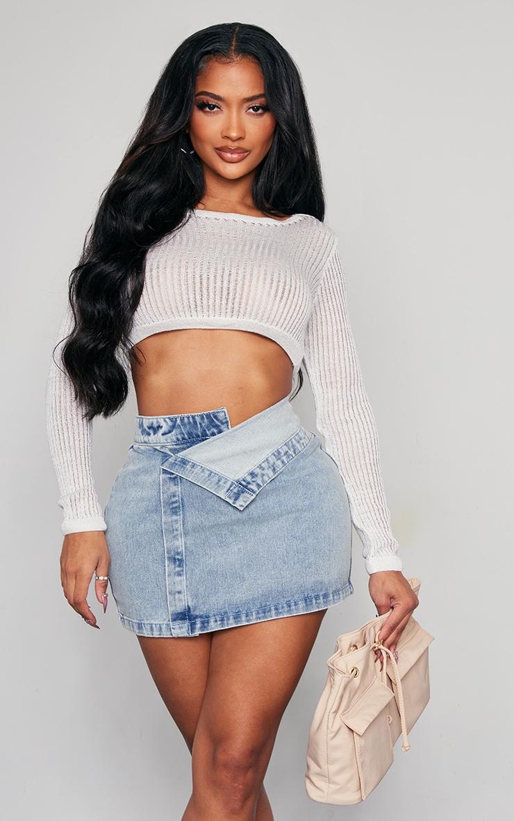 Shape Washed Blue Denim Foldover Waist Mini Skirt Product Image